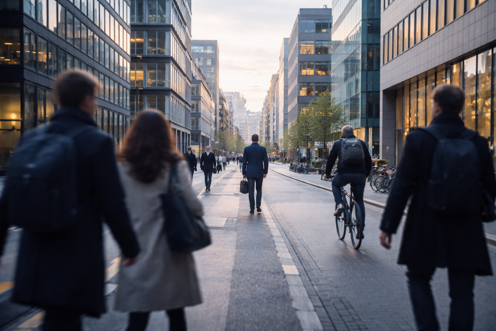 Atmosfærisk billede af dansk by- og erhvervsliv om morgenen med mennesker på vej til arbejde, der signalerer dynamik, tempo og hverdagen i dansk erhvervsliv. Bruges som stemningsbillede på tværs af sitet.