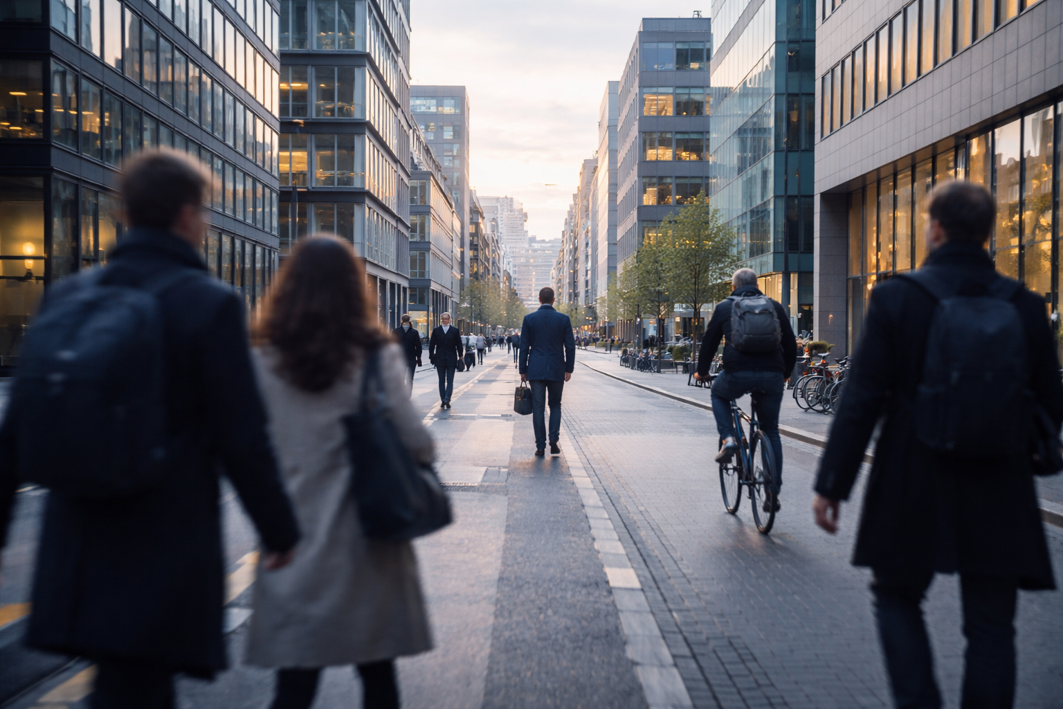 Atmosfærisk billede af dansk by- og erhvervsliv om morgenen med mennesker på vej til arbejde, der signalerer dynamik, tempo og hverdagen i dansk erhvervsliv. Bruges som stemningsbillede på tværs af sitet.