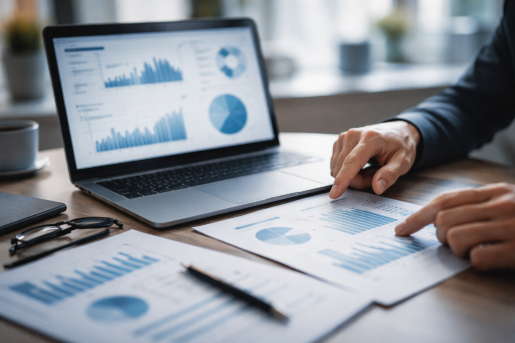 Illustration af branche- og markedsoverblik: tæt på laptopskærm med dashboards og diagrammer, hænder der arbejder med data og analyse. Bruges til kategorier om brancheprofiler og markedsindsigt.