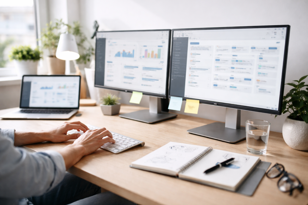 Moderne kontormiljø med digital workflow – flere skærme, software, noter og struktur. Bruges på sider om digital drift og optimering.